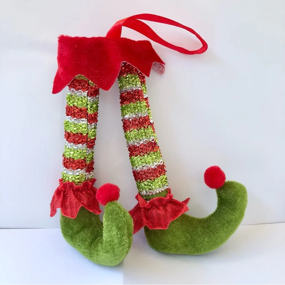 Festive Pixie Elf Legs shoes Christmas Ornament - Red & Green sparkle Grinch